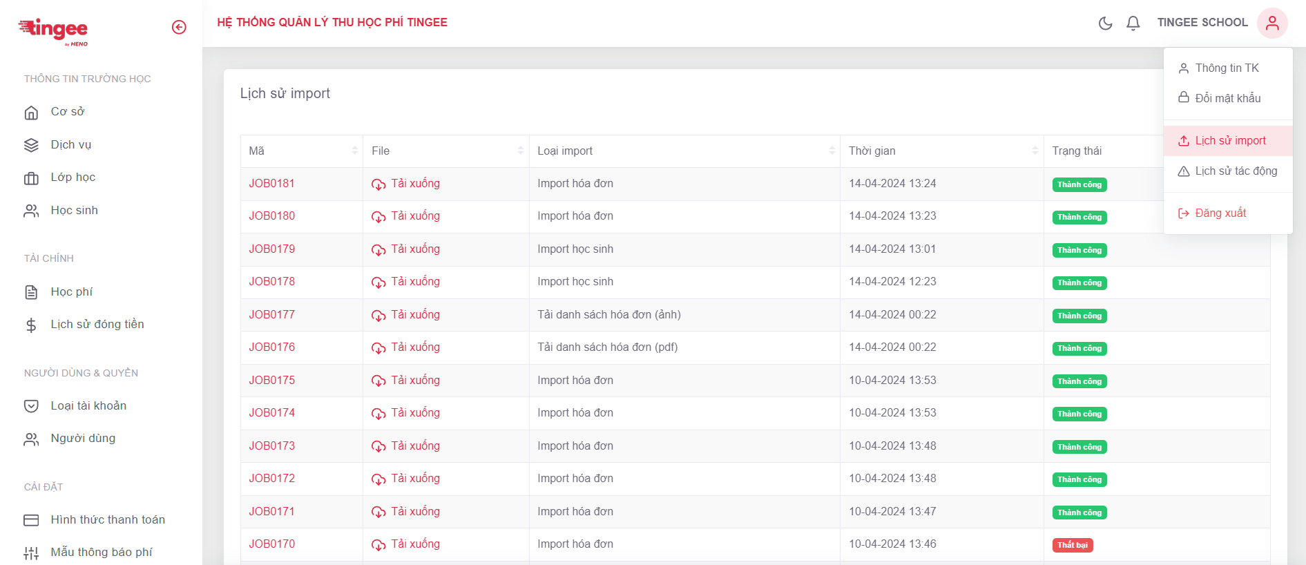 Danh sách lịch sử import