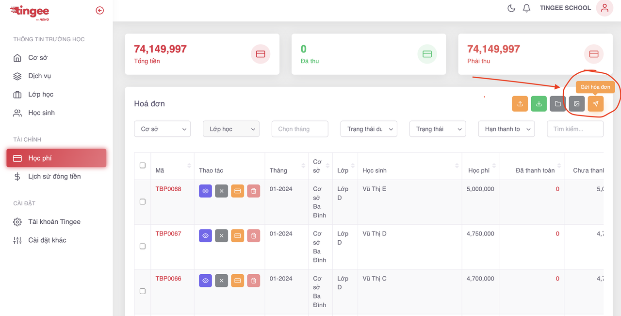 Nút gửi hóa đơn