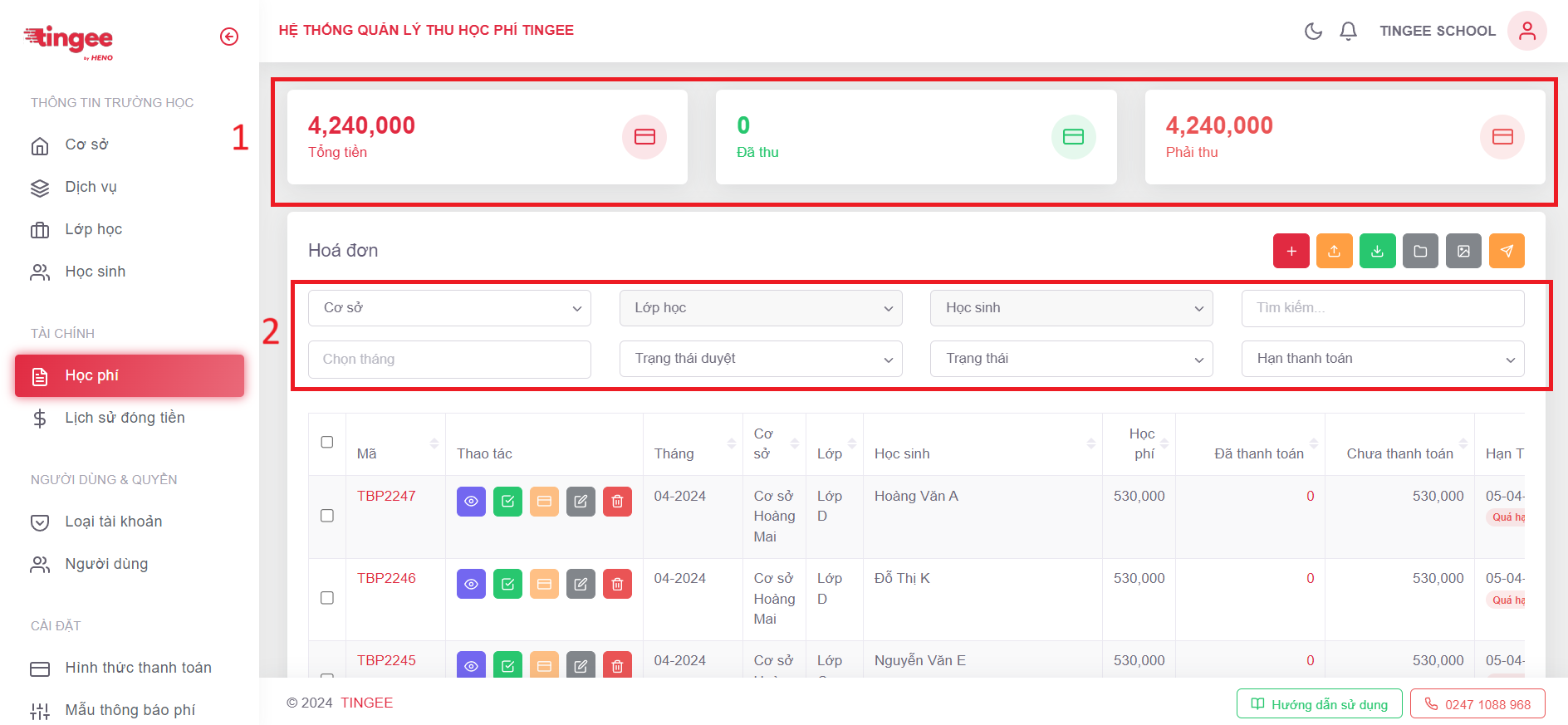 Giao diện xem học phí